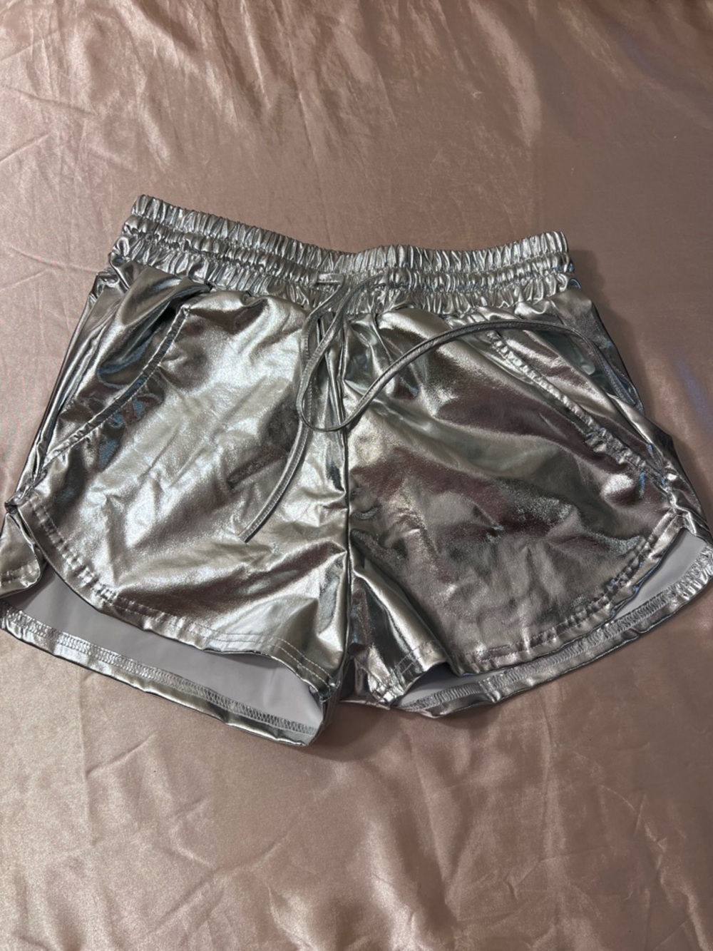 New Metallic Silver Shorts with Pockets Drawstring Size Small